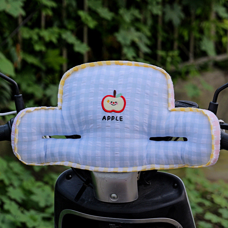 Padded child seat back cushion in apple plush design with side armrests