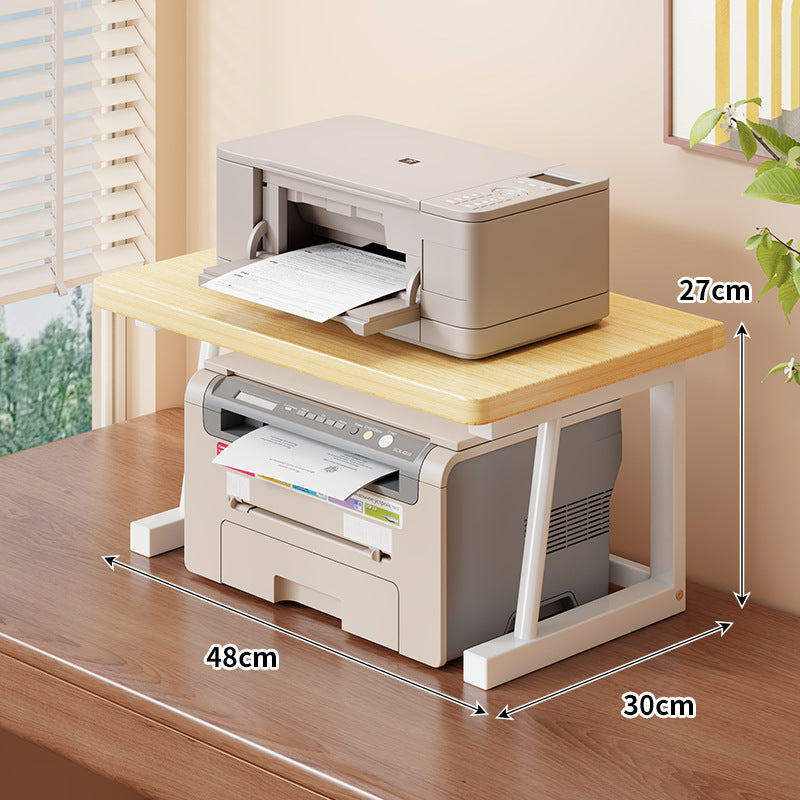 Adjustable Two-Tier Wood-Top Metal-Frame Desktop Printer Stand with Cable Management