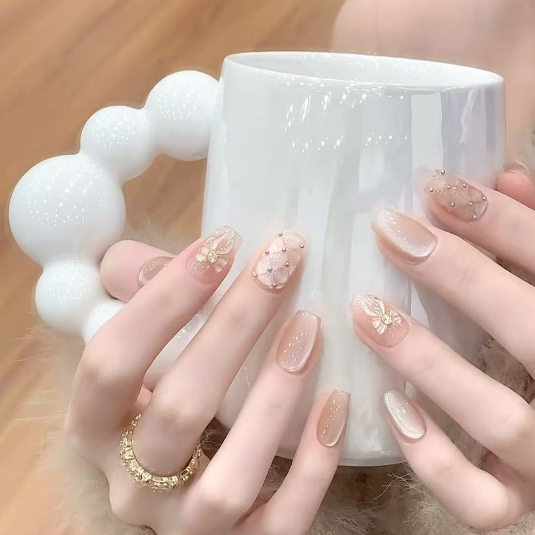 Decorative Press-On Nail Set with Floral Accents