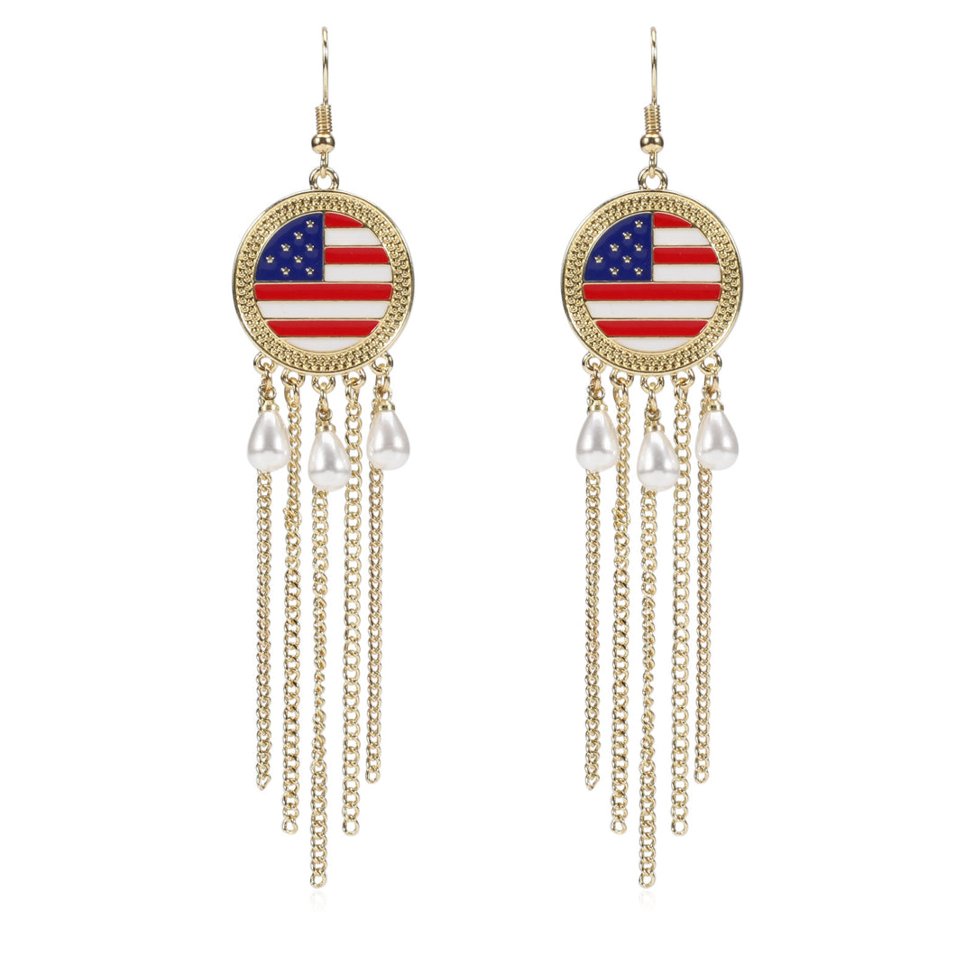 Women's nan long beaded fringe dangle earrings with enamel flag medallion and crystal drops Kalsten