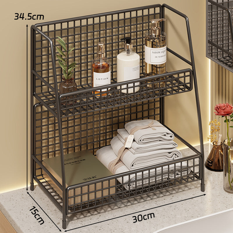 Angled Desktop Mesh Vanity and Countertop Organizer with Three Wire-Tier Baskets and Grid Back
