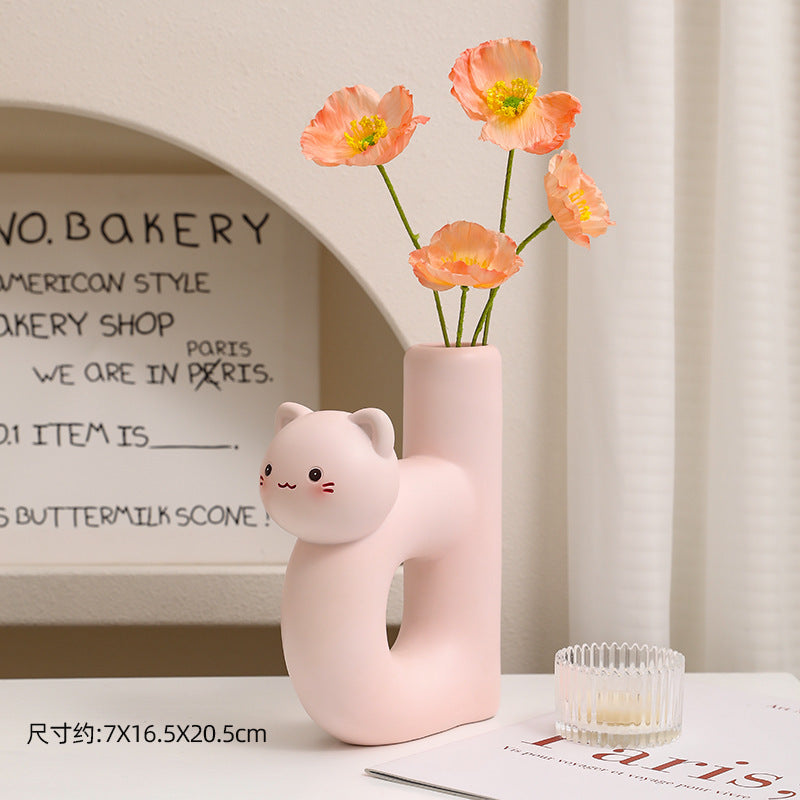 Ceramic Sculptural Cat Letter H Bud Vase With Tubular Mouth Minimalist Tabletop Decor