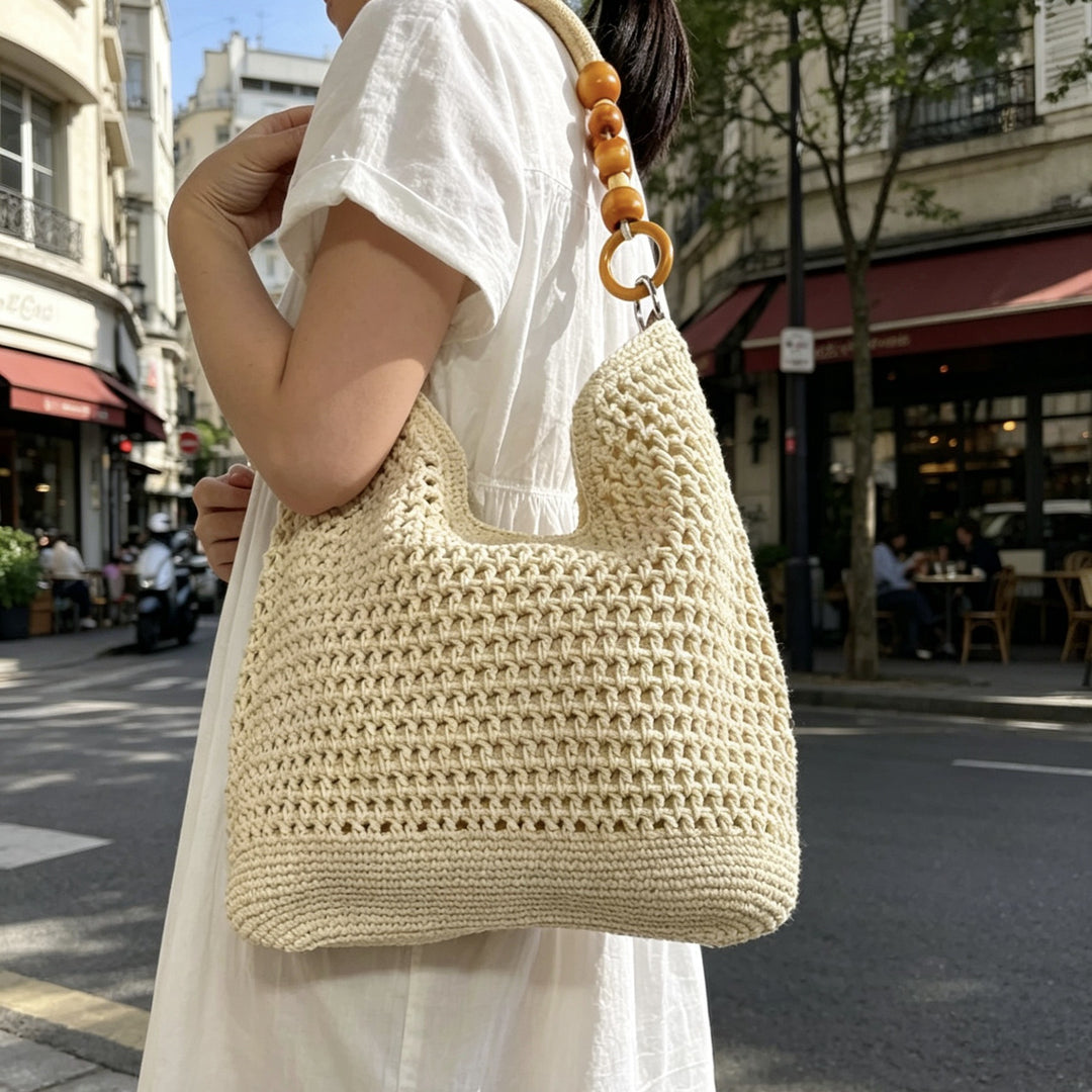Hand-knotted macrame bag with wooden handles Kalsten