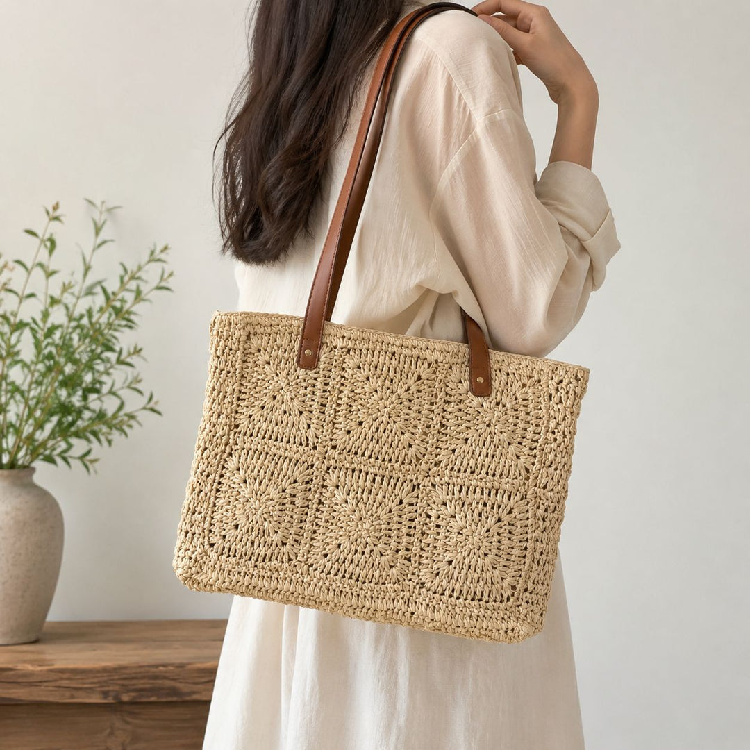 Braided jute bag with leather handles Kalsten