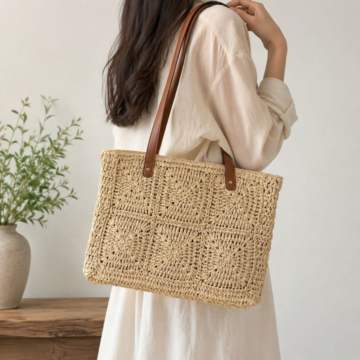 Braided jute bag with leather handles Kalsten