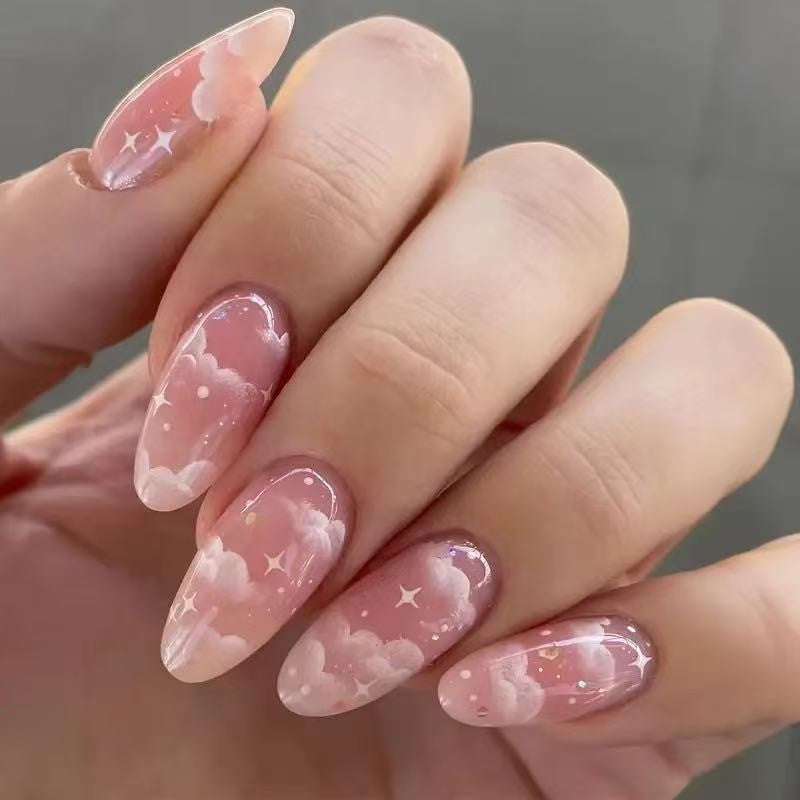 Artistic Press-On Nail Tips with Cloud Design