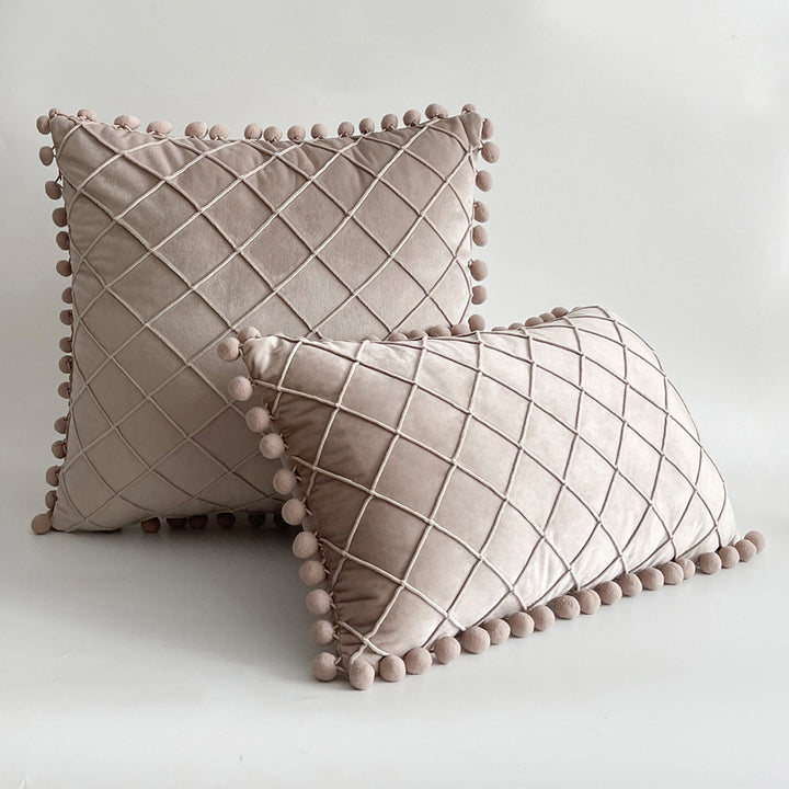Decorative Velvet Pom-Pom Grid Tufted Throw Pillow Cover