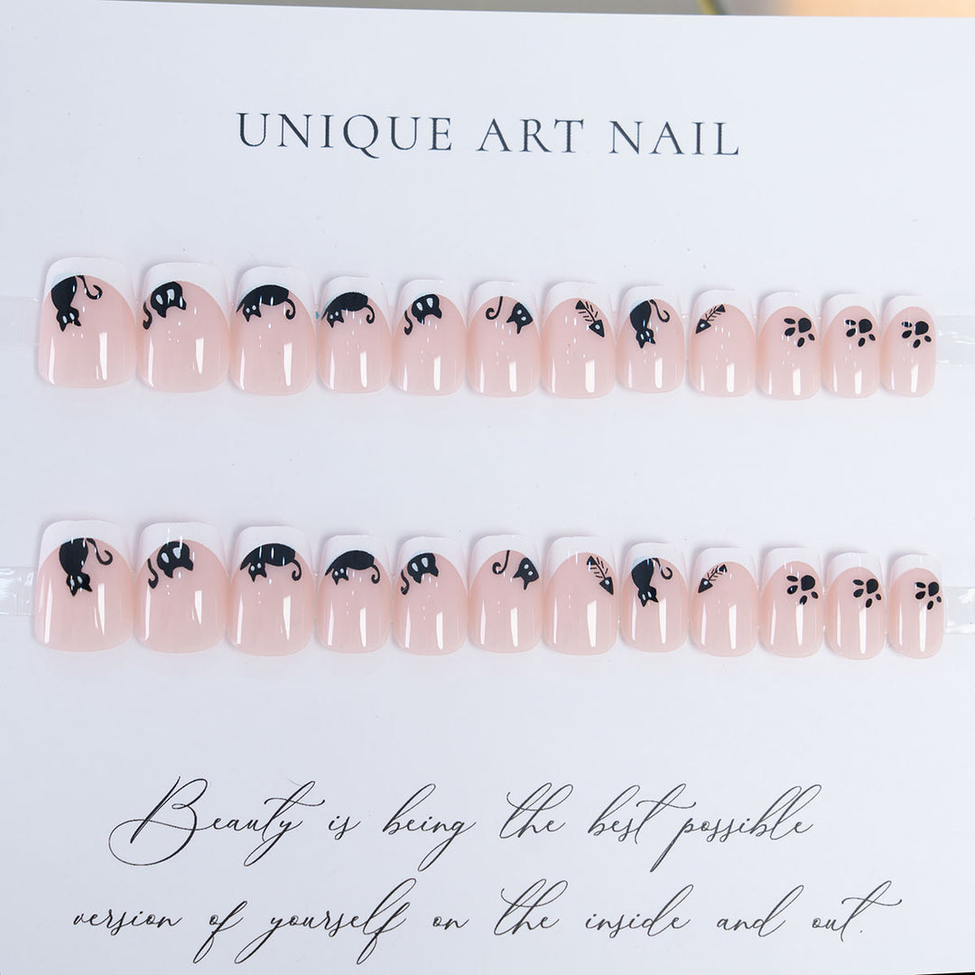 Cat-Themed French Tip Nail Art