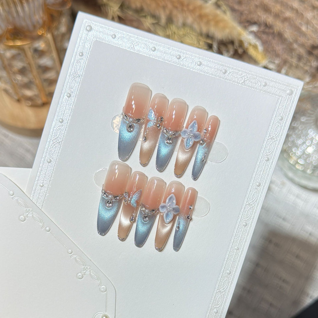 Artistic Press-On Nail Set with Floral and Gemstone Accents Kalsten
