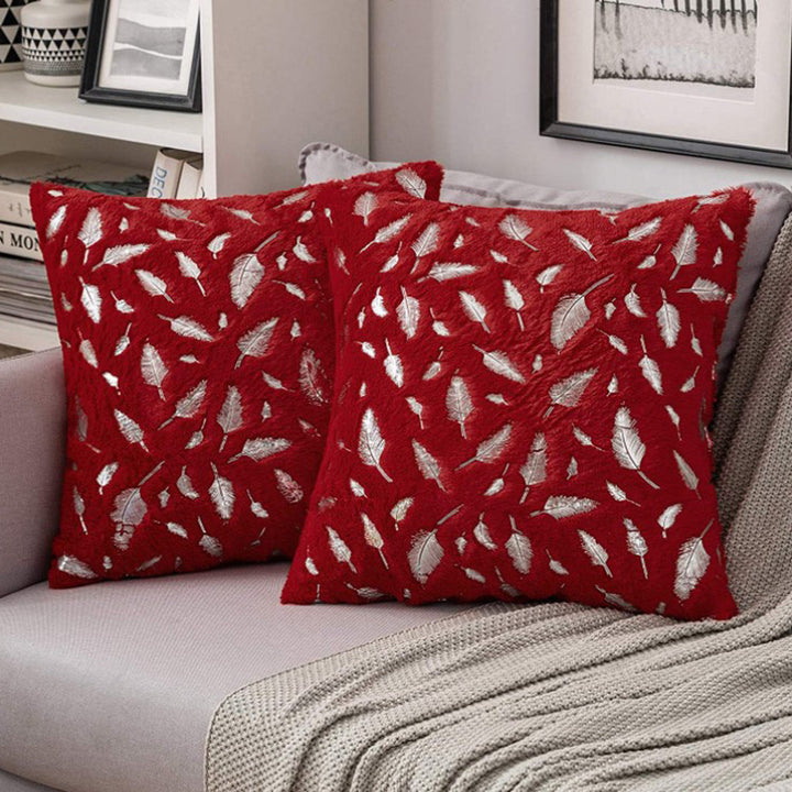 Square Plush Decorative Cushion with Metallic Feather Accent and Removable Cover