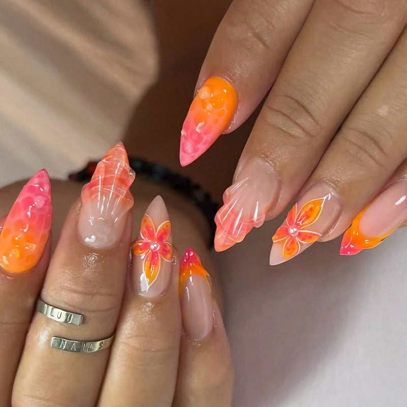 Acrylic Nail Set with Elegant Flower and Gradient Designs Kalsten
