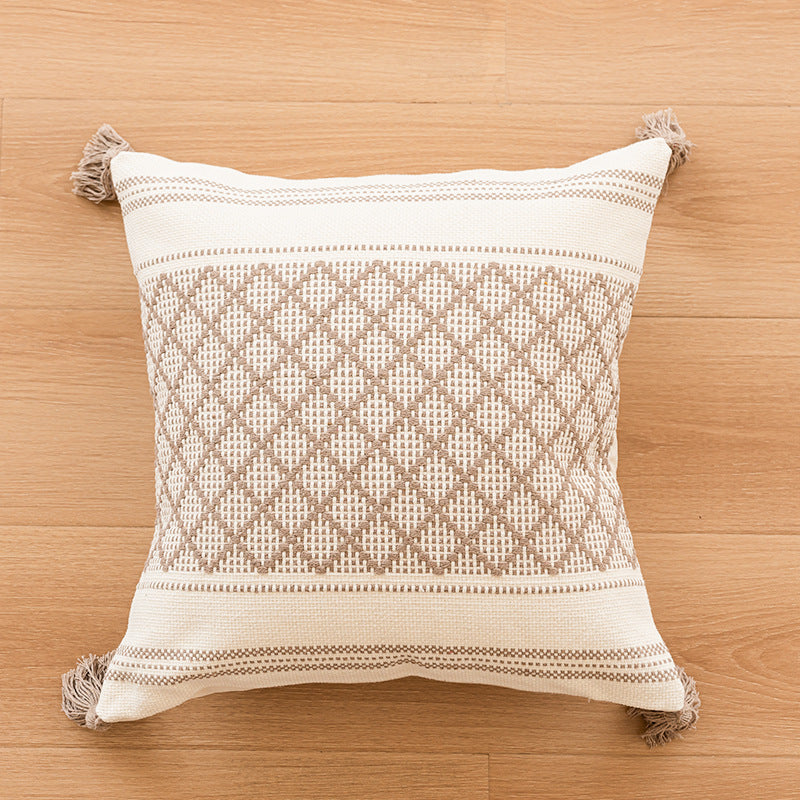 Decorative Tufted Concentric Circle Cotton Throw Pillow Cover with Corner Tassels and Hidden Zipper