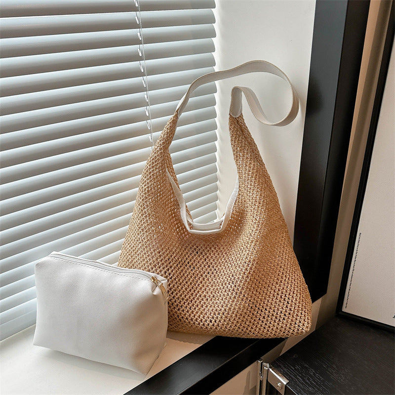 Handcrafted Woven Straw Tote with Removable Pouch