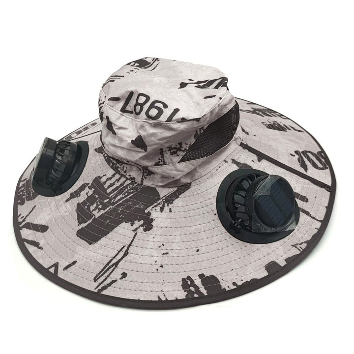 Ventilated sun hat with integrated battery fans, breathable mesh inserts, and adjustable chin strap Kalsten