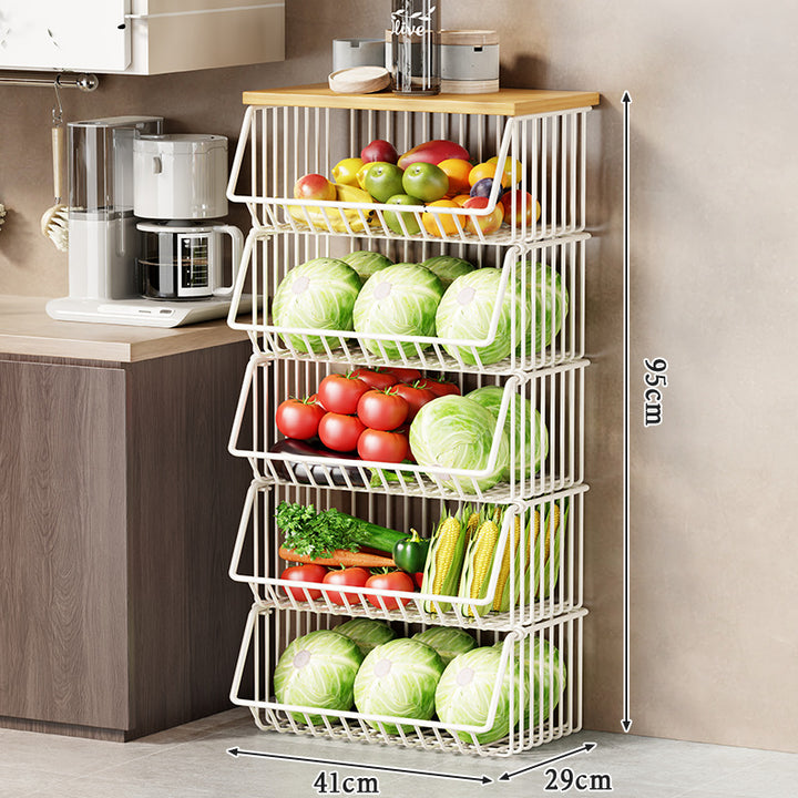 Multi-Tier Rolling Kitchen Pantry Cart with Wood Top and Deep Wire Storage Baskets