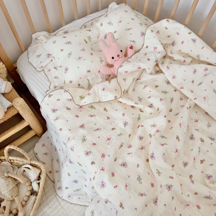 Unisex Muslin Blanket with delicate floral design and elegant ruffles Kalsten