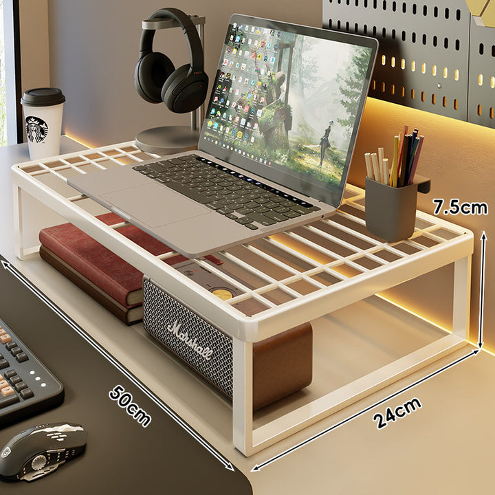 Ventilated Metal Desk Riser Shelf with Open Grid Surface and Under-Storage