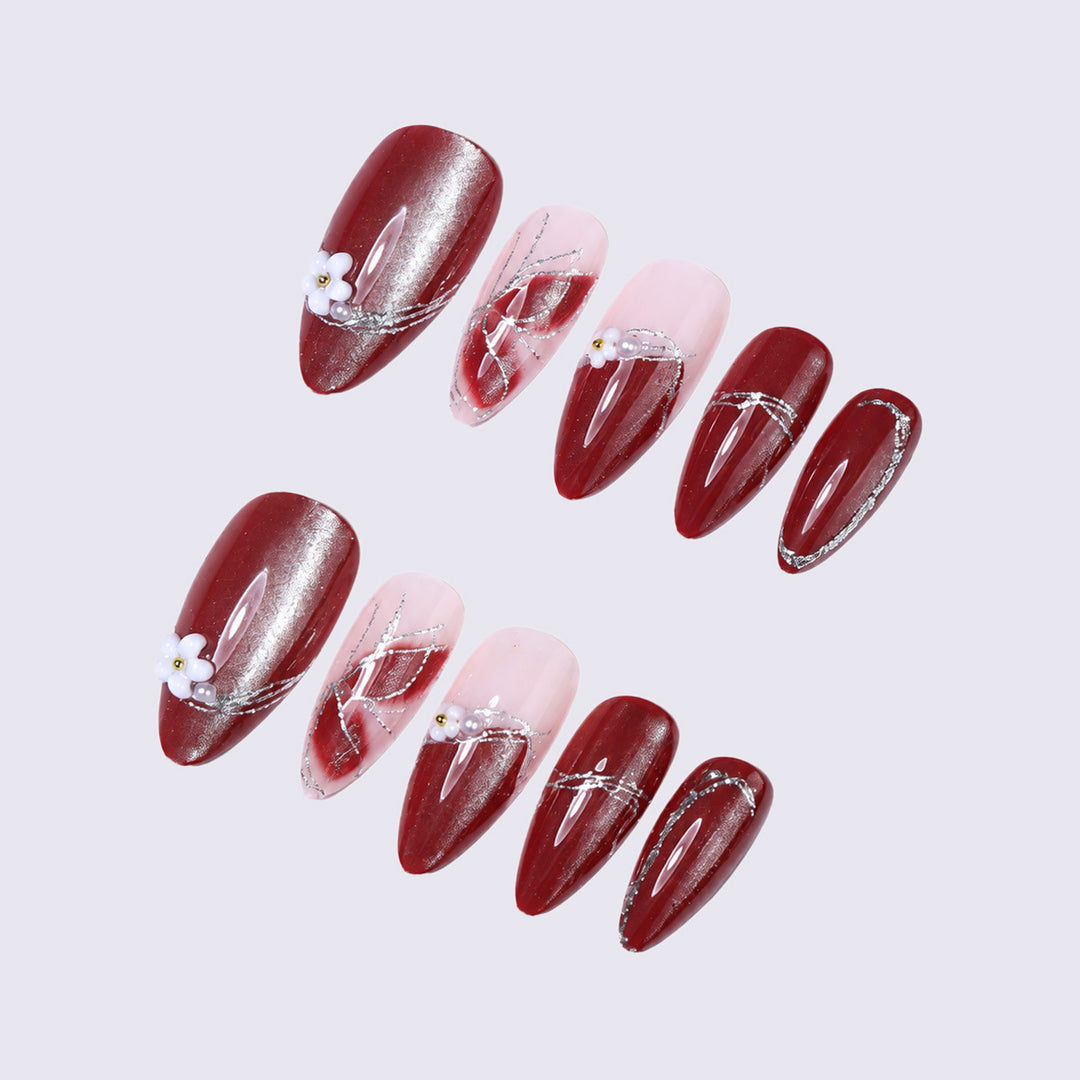 Elegant artificial nail set with glitter and flower embellishments Kalsten