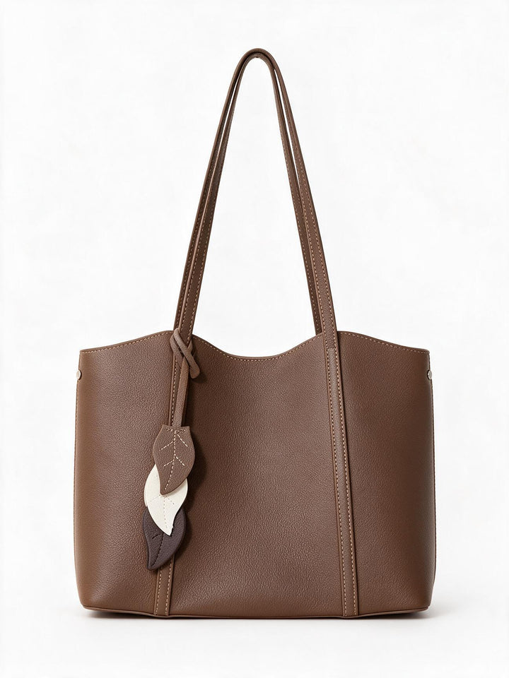 Pebbled Vegan Leather Structured Tote with Leaf Charm & Long Shoulder Straps