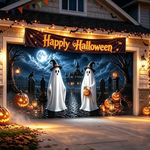 Large-format Halloween photo background made of weatherproof polyester with grommeted fastening edge and bright Haunted House motif