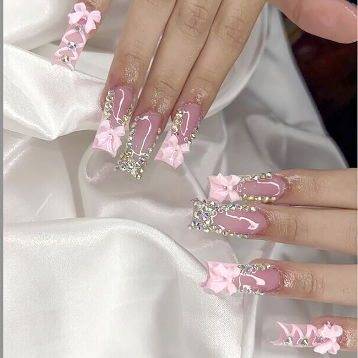 Decorative Rhinestone and Bow Long Press-On Nails Kalsten