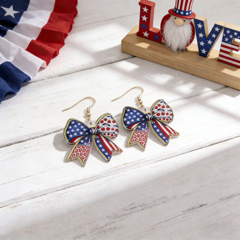 Women's nan patriotic bow dangle acrylic earrings with gold plated hooks and lightweight charm Kalsten