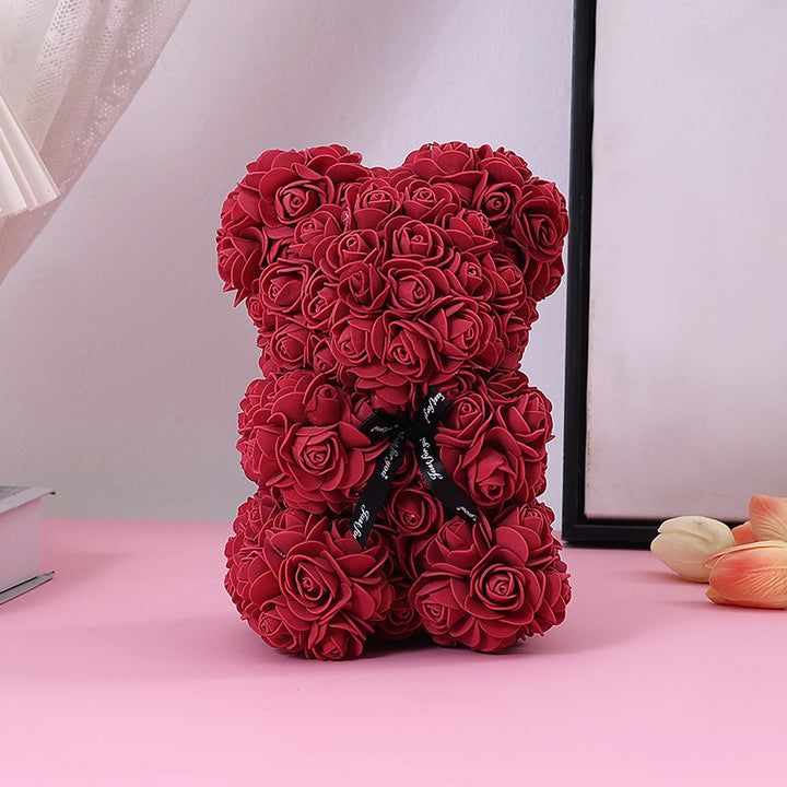 Foam Rose Teddy Bear Gift Sculpture With Satin Ribbon Bow