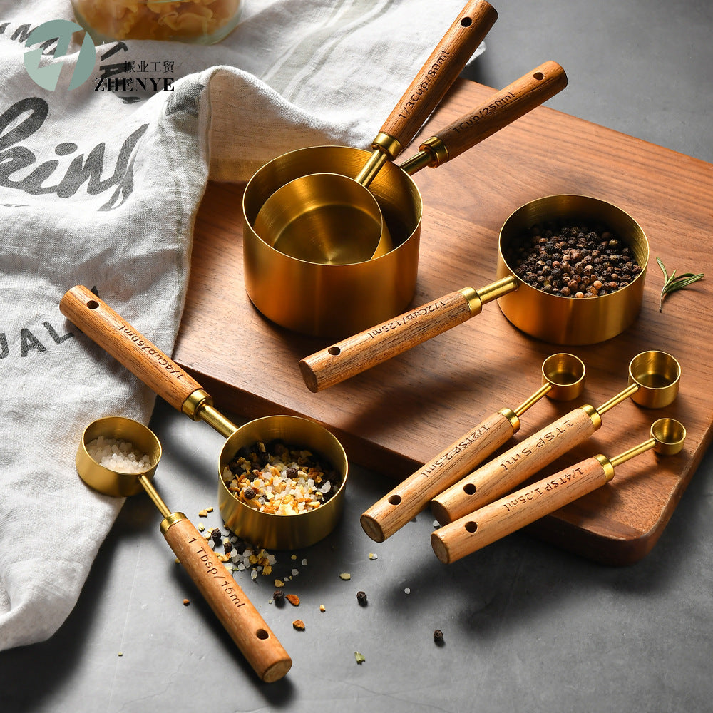 MeasureWood Measuring Spoons and Measuring Cups Set Stainless Steel Oak Wood 8-piece | Kalsten