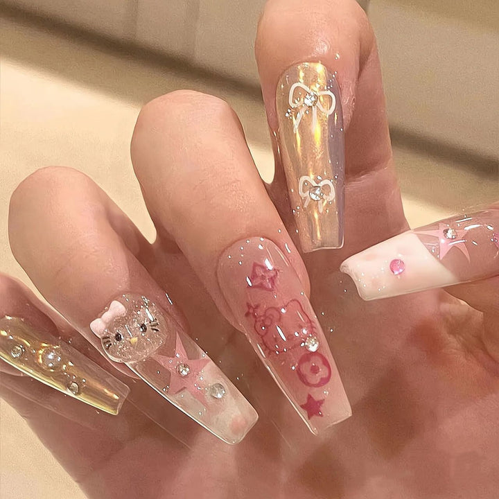 Artistic Press-On Nail Set with Floral and Geometric Designs Kalsten
