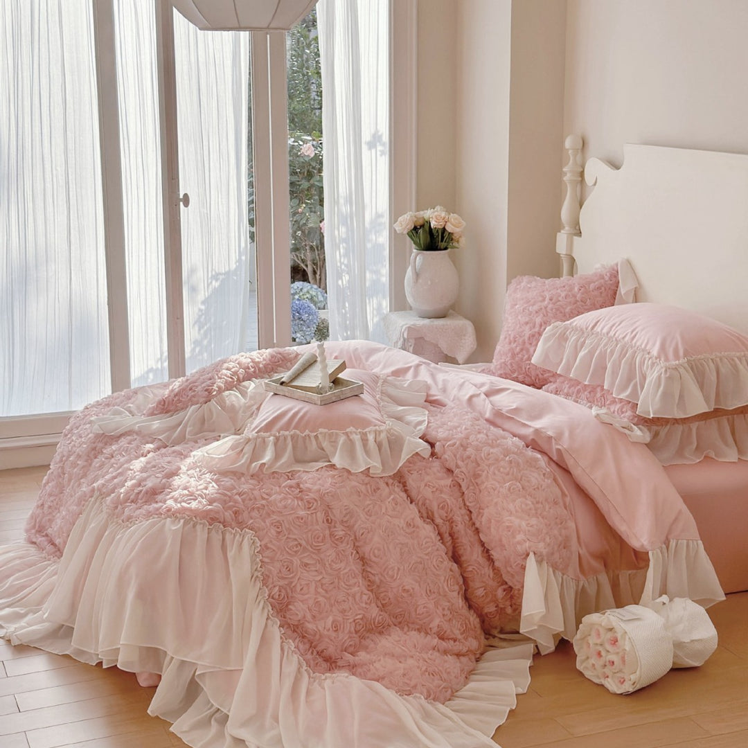 Romantic luxury bedding set with ruffles, rose appliqué, and frill
