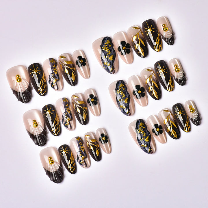 Artistic Press-On Nail Set with Floral and Butterfly Designs