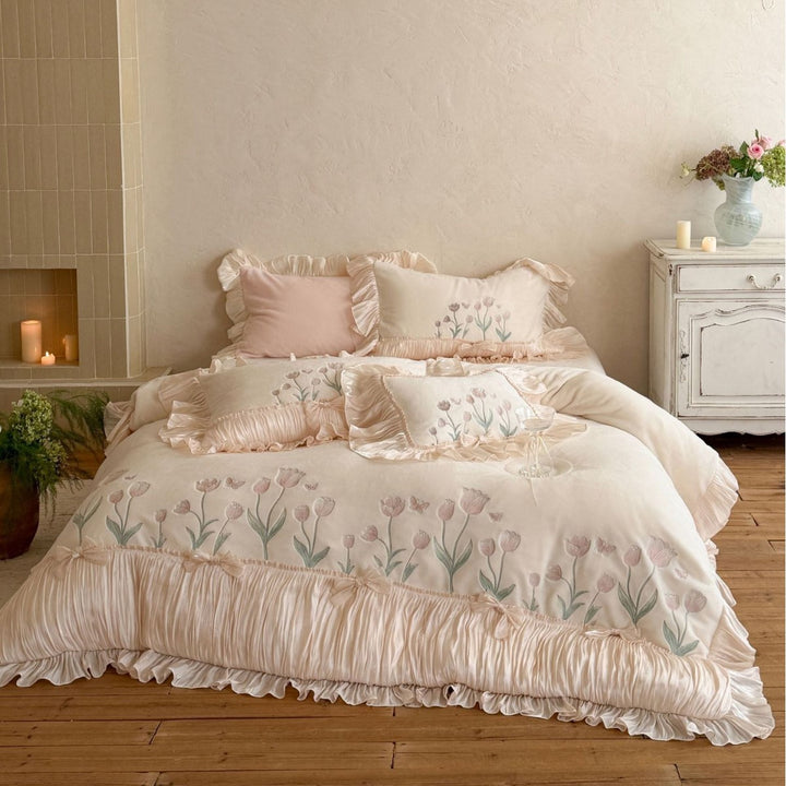 Romantic embroidered bedding set with frills, ruffles, and tulip embroidery