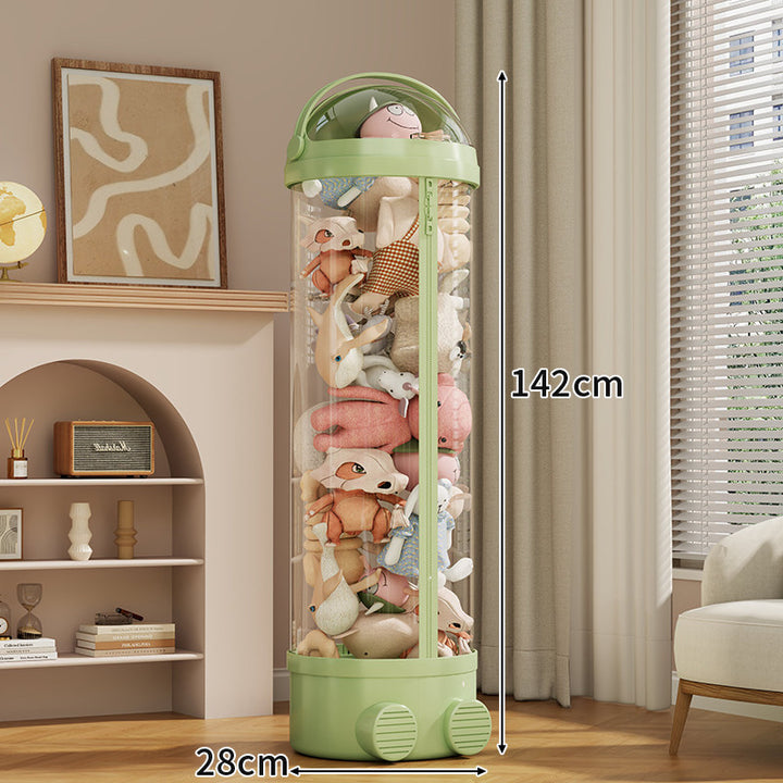 Tall Cylindrical Toy and Plush Storage Organizer with Clear Zip Cover and Rolling Vent Base