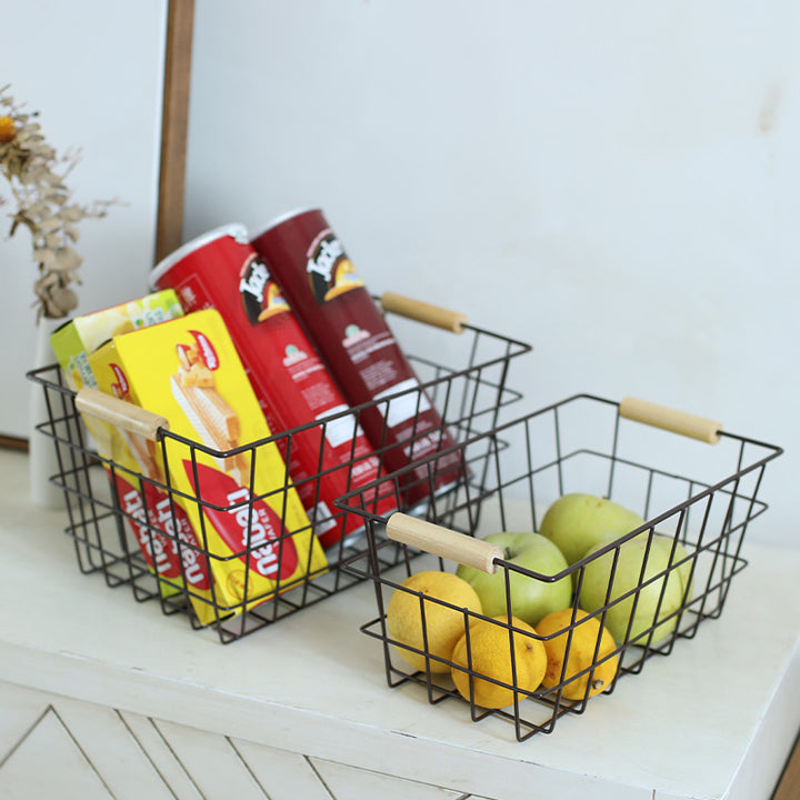 Unisex Wire Storage Basket with Ergonomic Wooden Handles Kalsten