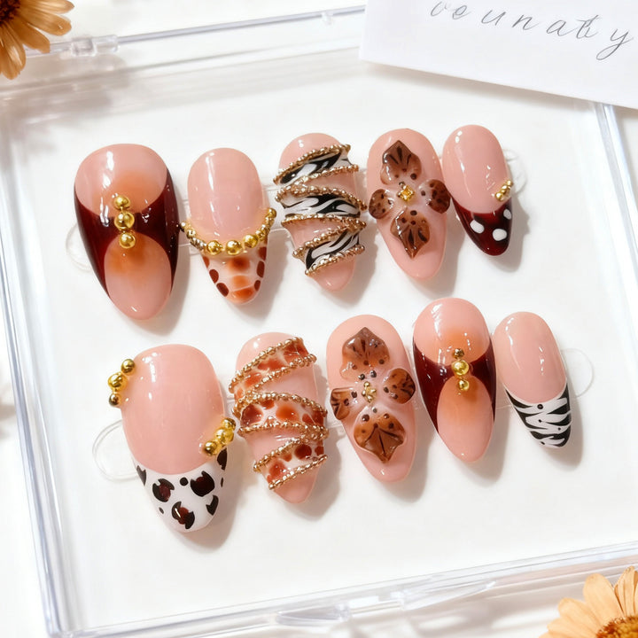 Artistic Press-On Nail Art Set with Floral and Gem Embellishments Kalsten