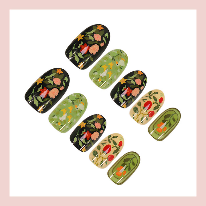 Artificial nail set with floral motifs and glitter accents Kalsten