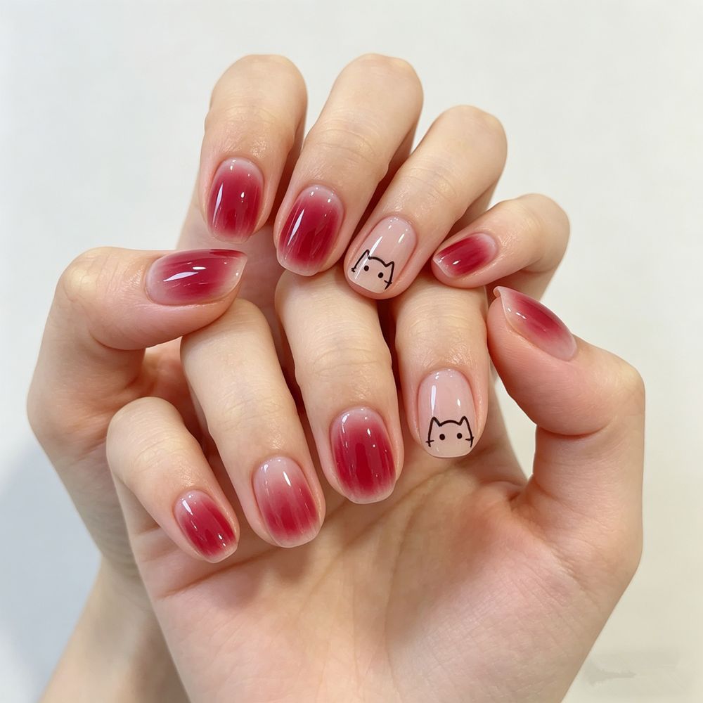 Artificial nails with elegant ombre effect and playful cat design Kalsten