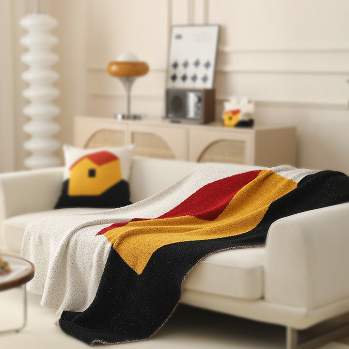 Large patterned bouclé throw blanket with geometric block pattern