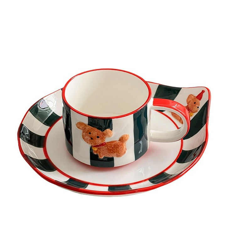 Ceramic cup set with saucer, hand-painted dog motif and wooden spoon