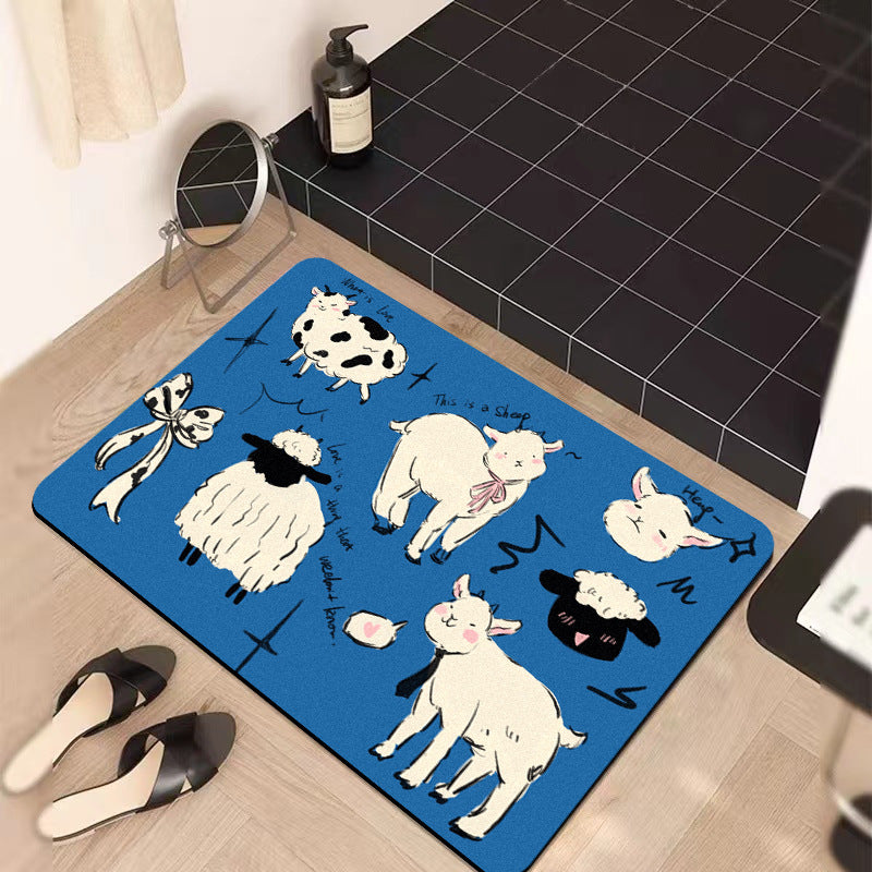 Reversible Plush Absorbent Bathroom Mat with Cartoon Sheep Illustration