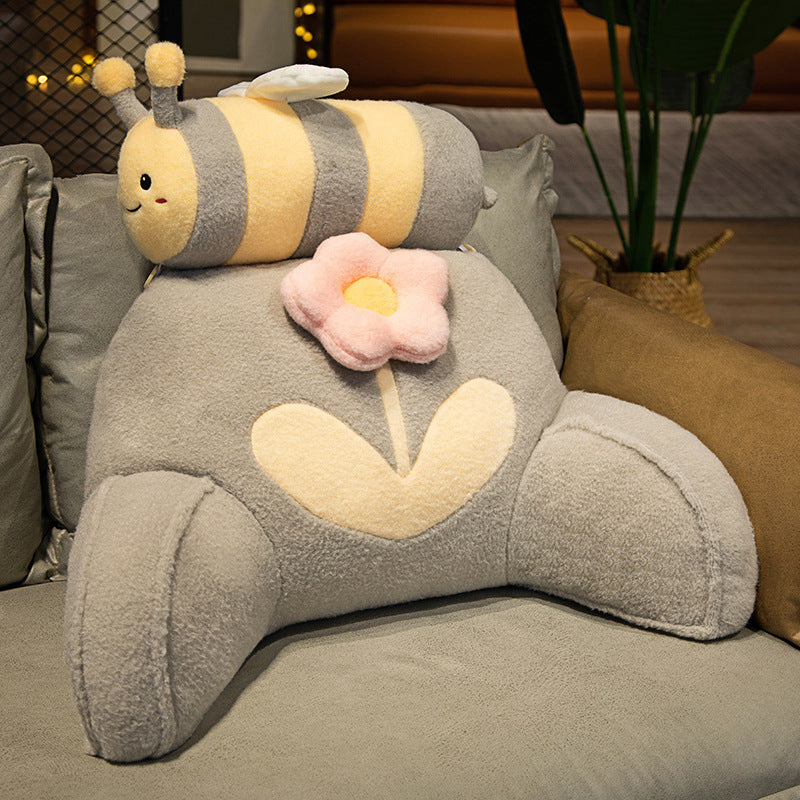 Padded reading back support cushion with armrests and removable neck roll in bee-flower plush design