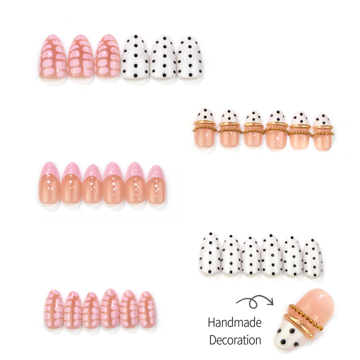 Artistic Press-On Nail Set with Polka Dots and Metallic Accents