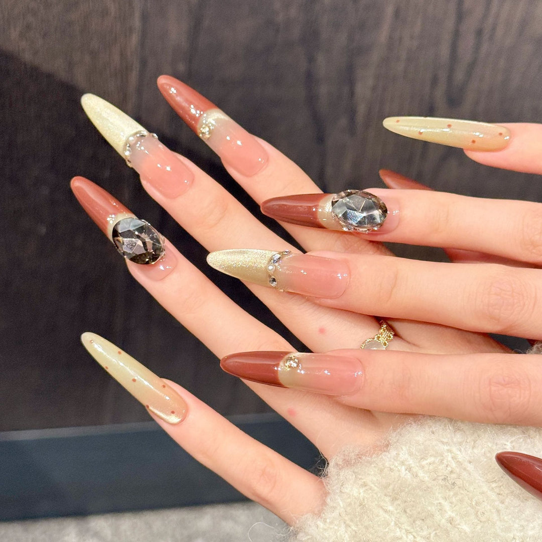 Artistic Stiletto Press-On Nail Art Set with Gem Accents