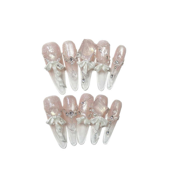 Elegant Press-On Acrylic Nail Set with Decorative Bow and Glitter Accents Kalsten