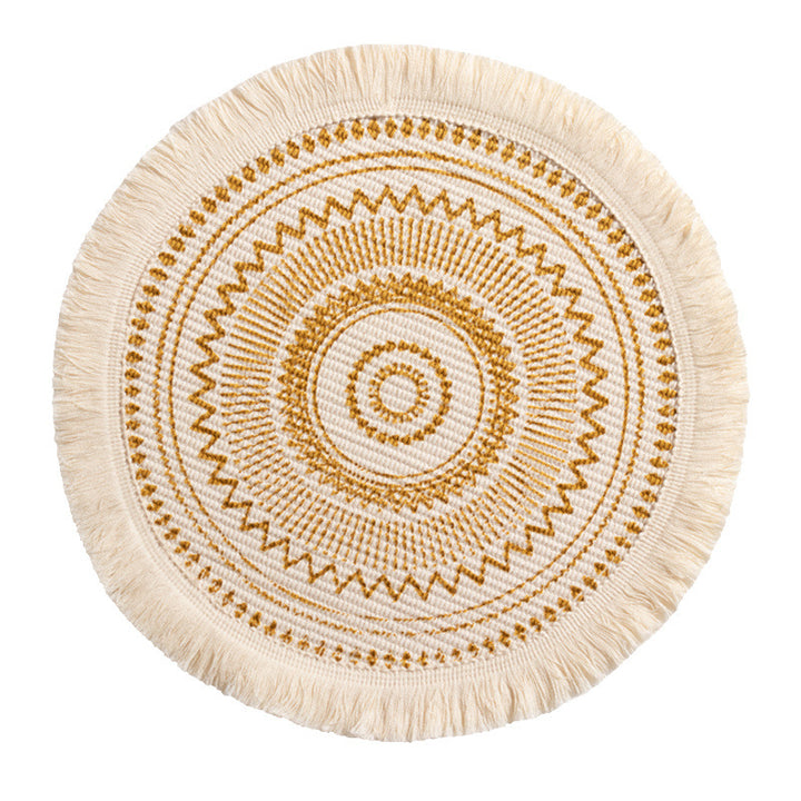 Beef handwoven cotton rug with fringes and graphic ethnic jacquard