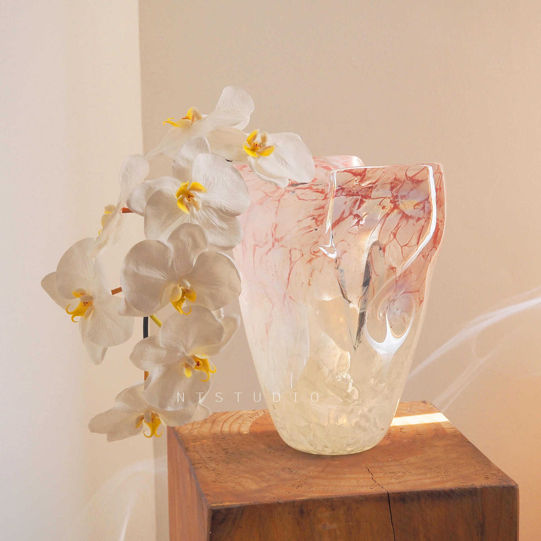 Handblown Marble-Effect Tall Sculptural Glass Vase with Organic Ruffled Rim Kalsten