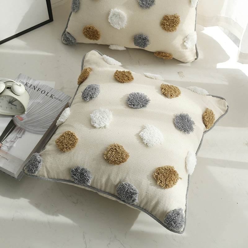 Tufted Polka Dot Textured Cotton Throw Pillow Cover with Pom-Pom Accents and Hidden Zipper