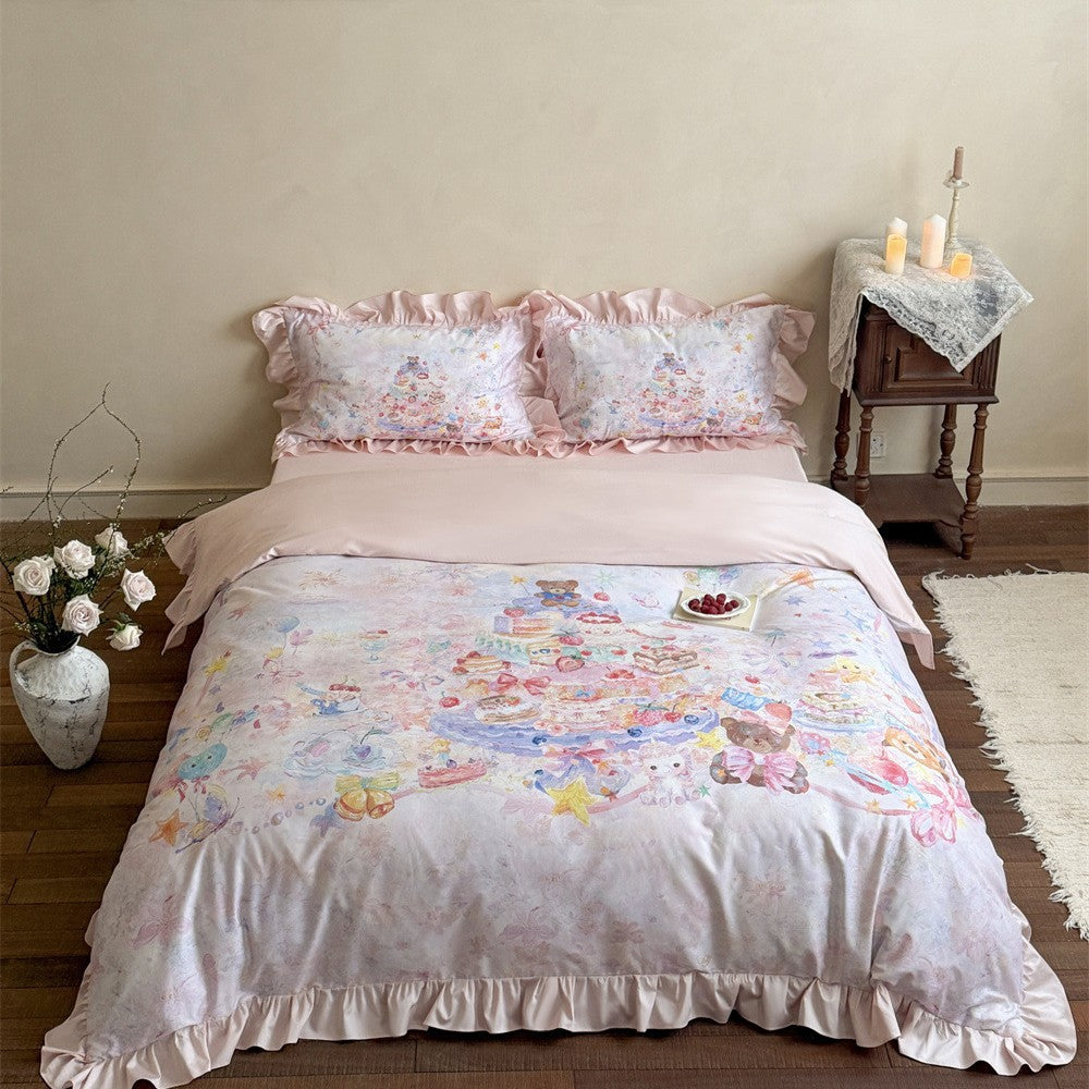 Playful cotton satin bedding set with ruffles and watercolor animal motif