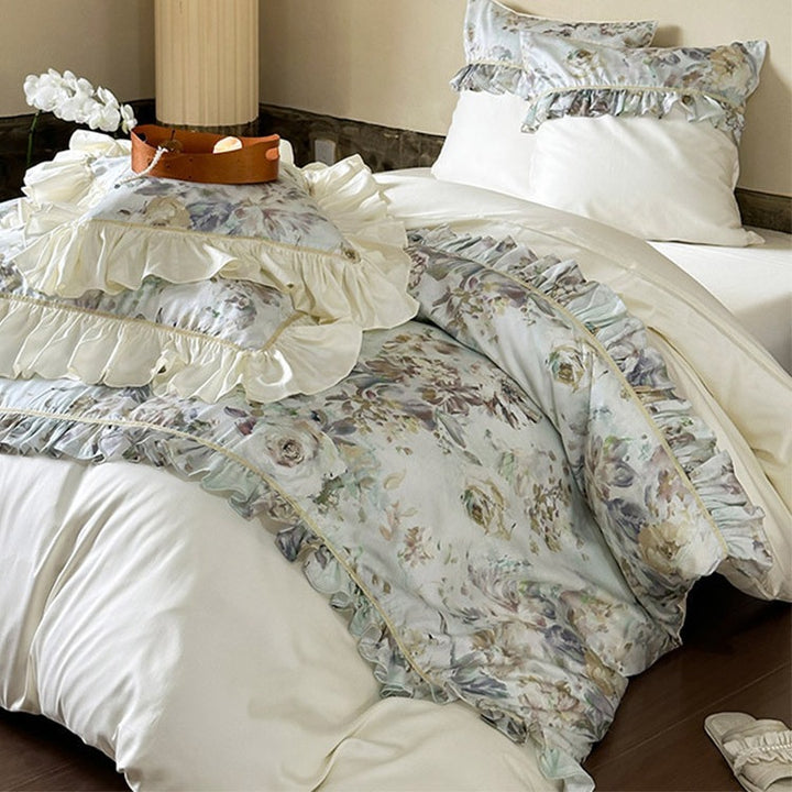 Luxurious bedding set with floral pattern, ruffles and satin finish