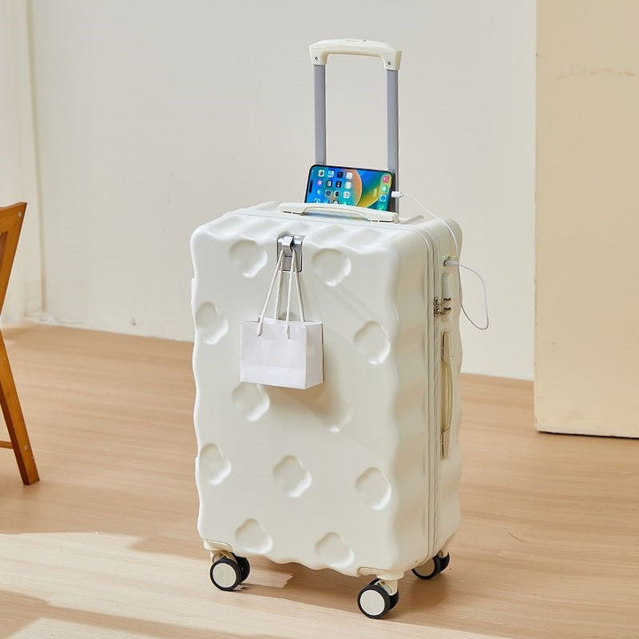 hard-shell carry-on suitcase with integrated foldable cup holder phone cradle USB charging port and external bag hooks Kalsten